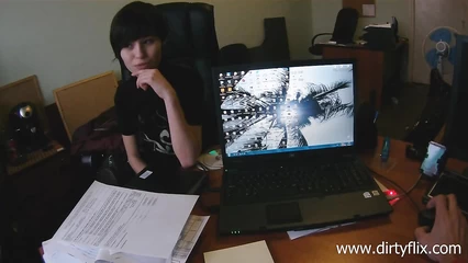 Sex in the office with a skinny brunette, the guy fucked her in different poses