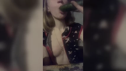 Throat blowjob with cucumber