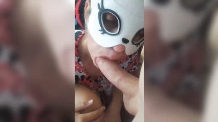 The wife put on a mask and jerks off her neighbor