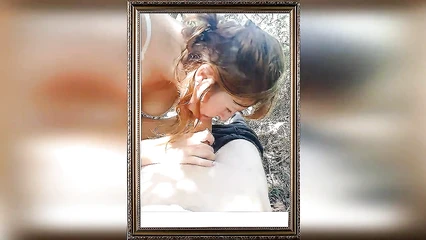 Redhead chick sucks cock in the bushes