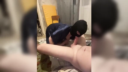 In a mask and stockings she sucked her husband