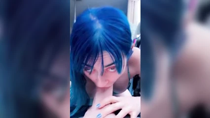 Married blue-haired girl gets high when she takes a dick in her cheek