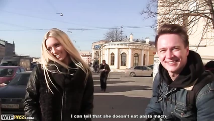 Slender blonde was fucked by pick-up artists in the back room of a bar