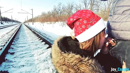 Winter amateur blowjob on the railway