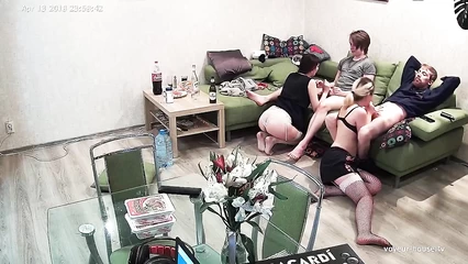 Girlfriends in stockings give blowjob together