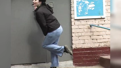 The fat girl didn’t have time to take off her pants and peed herself near the house