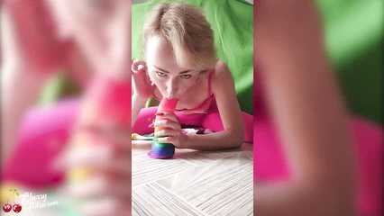 Woman Jumping on Rainbow Dildo and Playing with Butt Plug_CherryAleksa